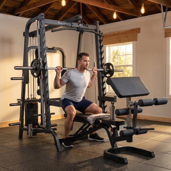Smith Machine Home Gym Built for Full-Body Training, Commercial Grade Frame, 7° Reverse Pitch, 2x3 Mainframe