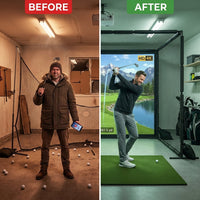 Golf Simulator Enclosure 10.7X8X5Ft & 8.5X8.5X5Ft | Light-Proof HD/4K Silent Impact Screen, Indoor/Outdoor Golf Simulators for Home Includes Mat, Foam-Padded Iron Poles, Shank Net, Sandbag & Bonus Kit — Before & After