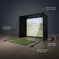 Golf Simulator Enclosure 10.7X8X5Ft & 8.5X8.5X5Ft | Light-Proof HD/4K Silent Impact Screen, Indoor/Outdoor Golf Simulators for Home Includes Mat, Foam-Padded Iron Poles, Shank Net, Sandbag & Bonus Kit — infographic