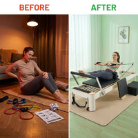 Pilates Reformer Foldable, Suitable for Intermediate and Beginners Users, Pilates Equipment for Home Gym Studio Use with 4 Adjustable Resistance Spring, up to 400 LBS — Before & After