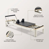 Pilates Reformer Foldable, Suitable for Intermediate and Beginners Users, Pilates Equipment for Home Gym Studio Use with 4 Adjustable Resistance Spring, up to 400 LBS — infographic