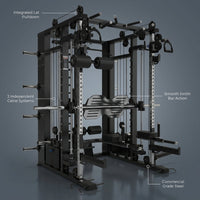 Smith Machine Built for Home Gyms, 1000+ Exercises, 3 Cable Systems, Commercial Grade Steel, Lat Pulldown — infographic