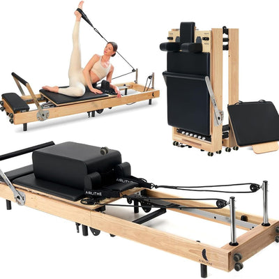 Foldable Wooden Pilates Reformer for Home, 70+ Guided Workouts | Reformer Box, Foot Board, Jump Board, 360-Degree Wheels, Non-Slip Feet, Supports Rehabilitation and Physiotherapy